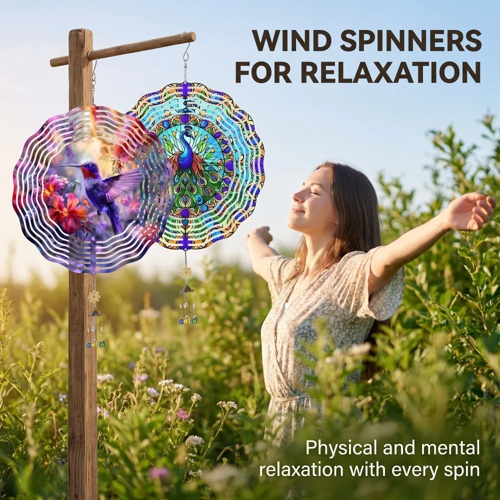 10 Inch 3D Rotating Metal Wind Spinner 2 Pack Hummingbird Peacock Waterproof Hanging Decor For Garden Tree Patio