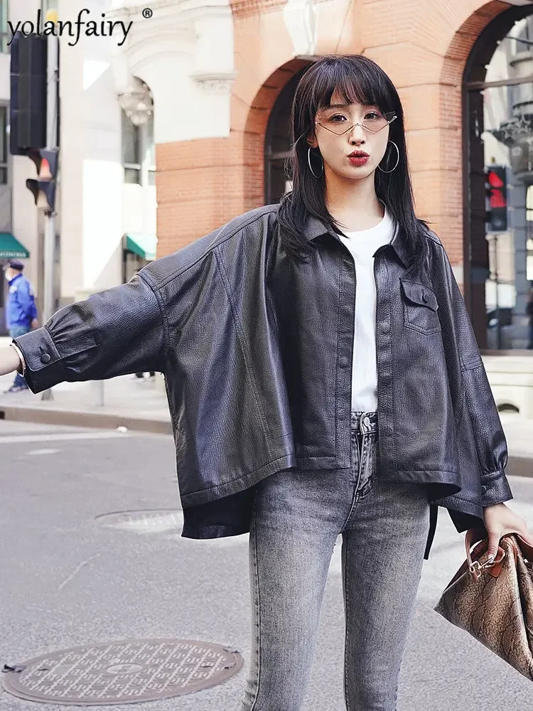 YOLANFAIRY الراقية ملابس جلدية حقيقية النساء فضفاضة مقاسات كبيرة طبقة علوية معطف جلد الغنم المرأة سترة جلدية حقيقية FCY #4