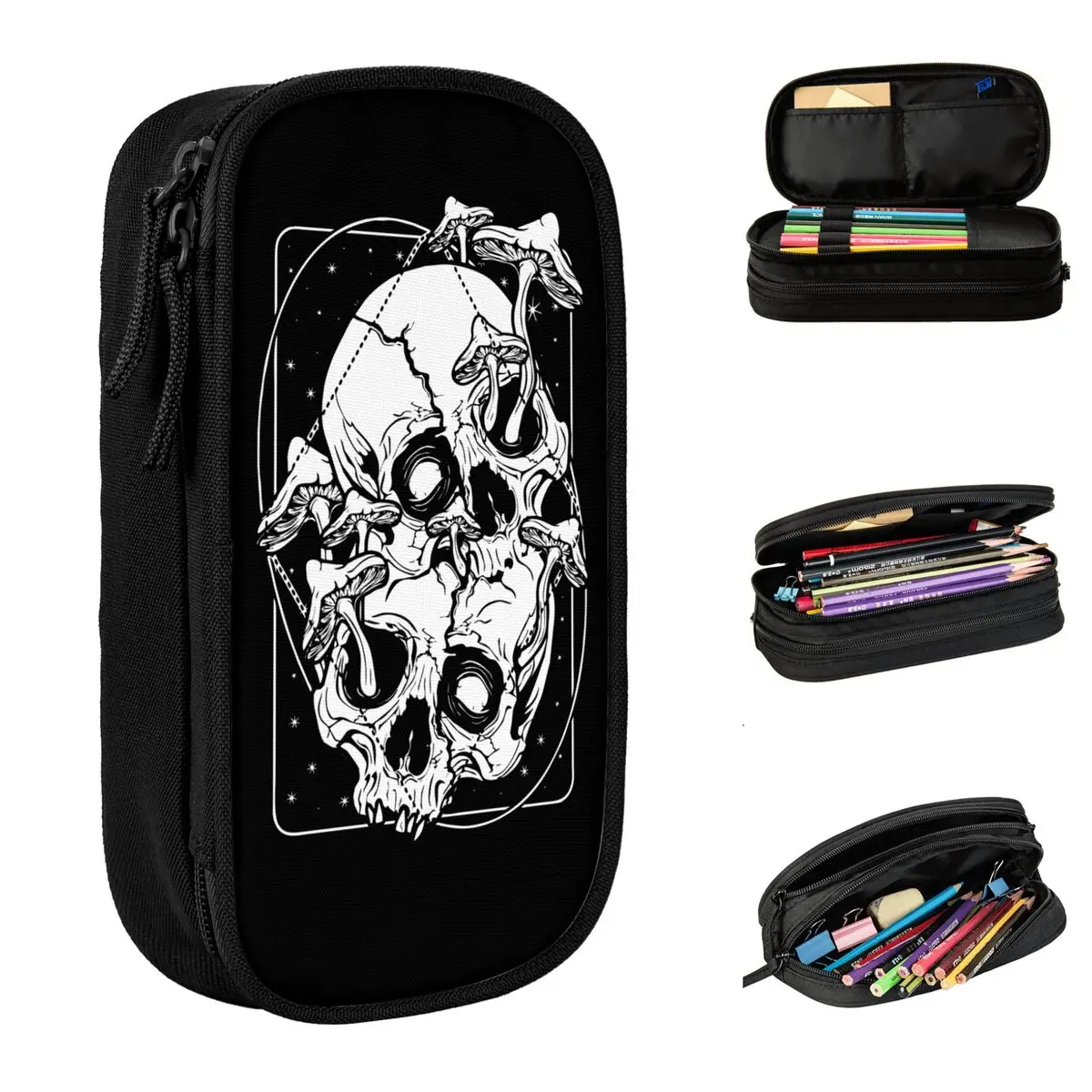 Overgrown Mushrooms Gone Wild Skull Pencil Case Skeleton Gothic Dark Horror Pencil Box Pen Holder Bags School Gifts Stationery