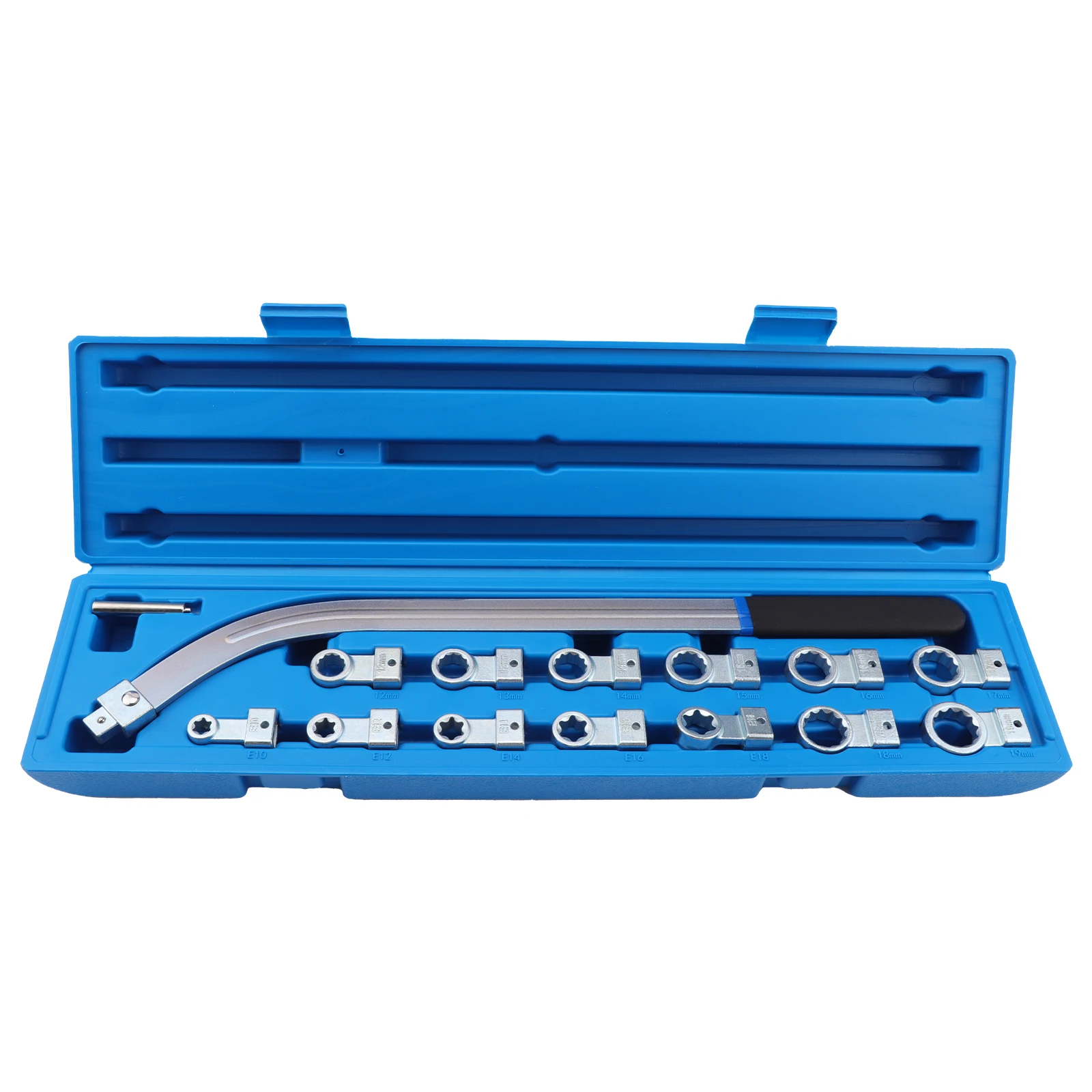 

Curved fixed wrench for mounting, disassembling and tensioning timing belts and accessories