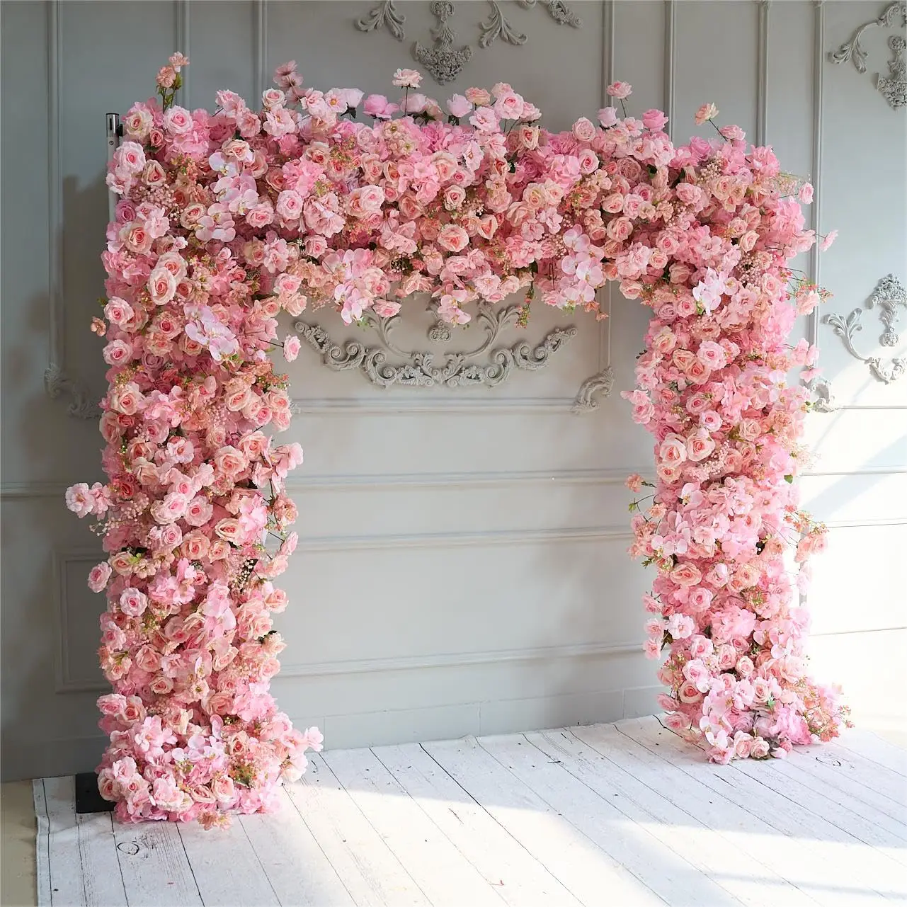 Uflower White Pink Rose Hydrangea Arrangement Floral Outdoor Wedding Backdrop Flower Arch Frame Decor Event Party stage Props