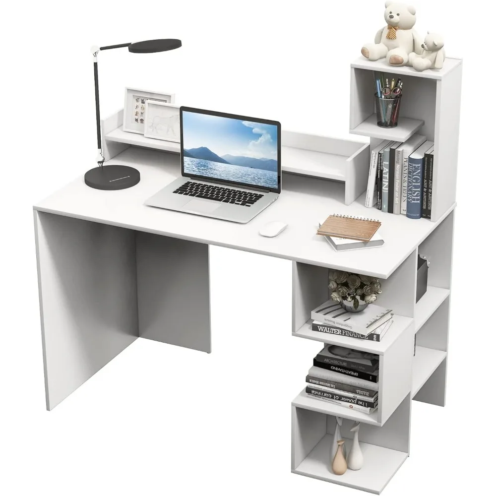 

White Desk with Storage Bookshelf & Hutch, 48” Modern Home Office Desk with 8 Storage Shelves, Space Saving Writing Stu