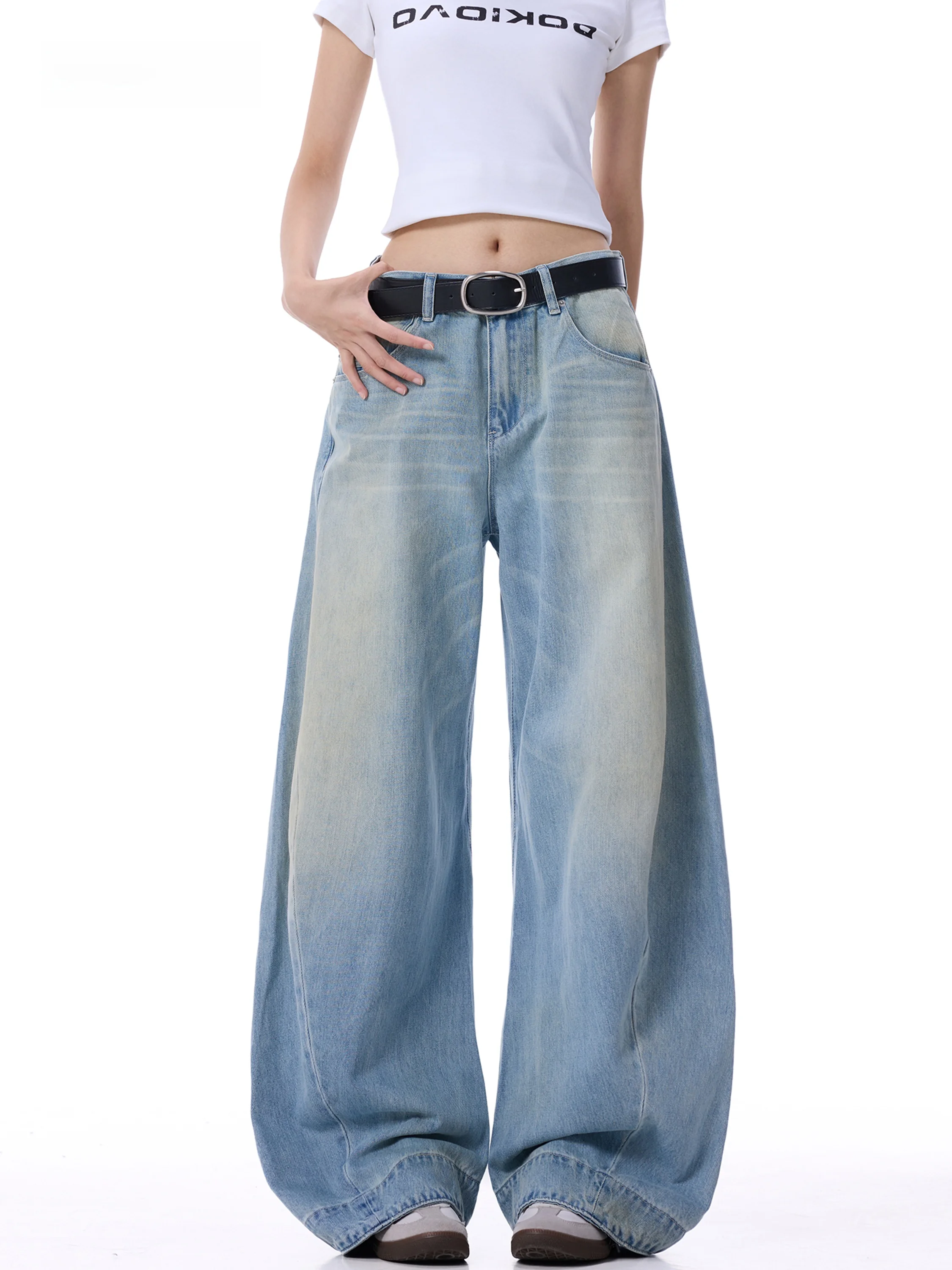 Low Waist Knife  Denim Jeans Women's Autumn New Style Slimming Vintage Washed Casual Cotton Wide Leg Pants
