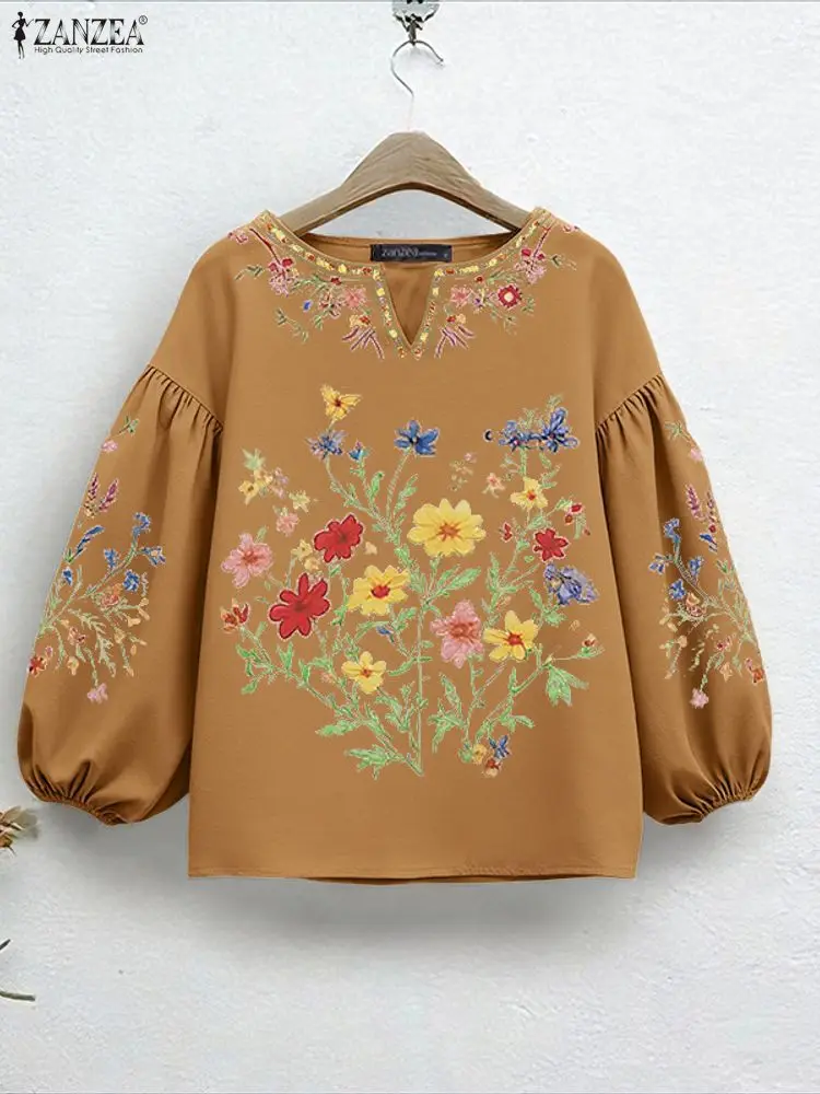 

2025 ZANZEA Vintage Women Floral Print Blouse V-Neck Lantern Sleeve Casual Tops Shirts Fashion 3/4 Sleeve Loose Elegant Blusas