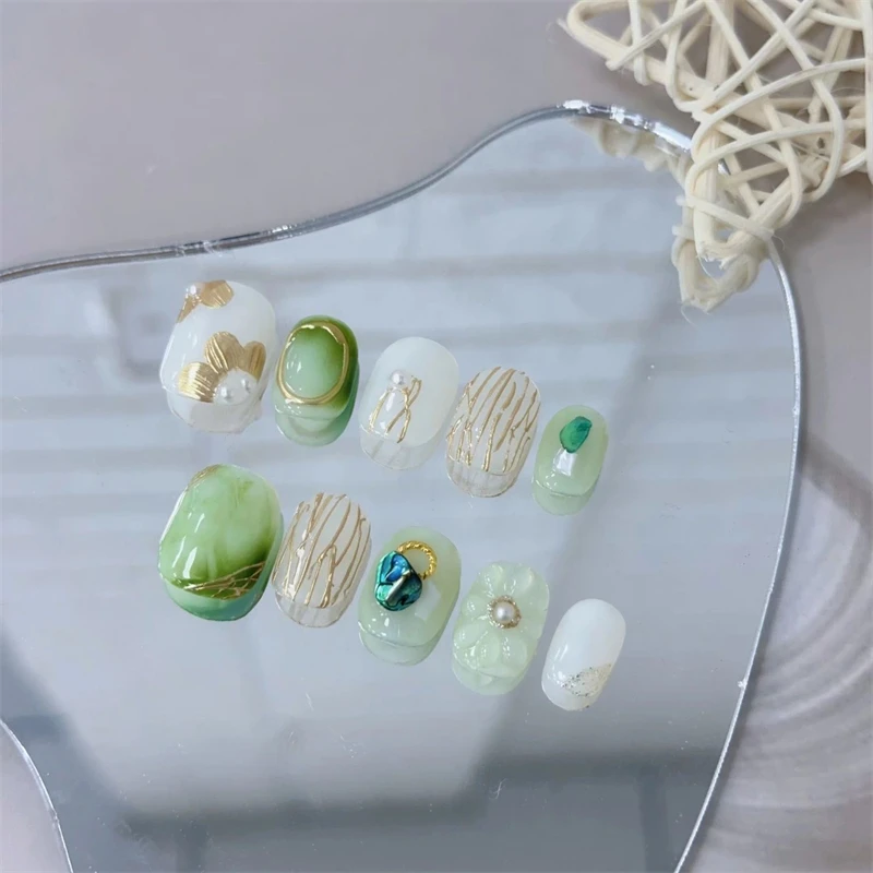 10pcs Blue Pink Handmade Press on Nails with Flower Short Ballerina Fake Nails Reusable Manicure Artistic Full Cover Finger Tips