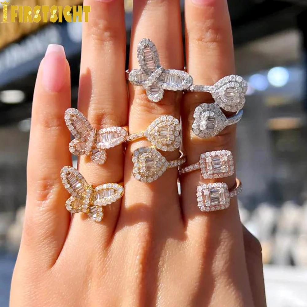 Nowy Iced Out Bling Prostokątny CZ Pierścionek z sercem Złoty Srebrny Kolor Micro Pave Otwarty Regulowany Rozmiar Kwadratowe Pierścionki Moda Biżuteria Damska