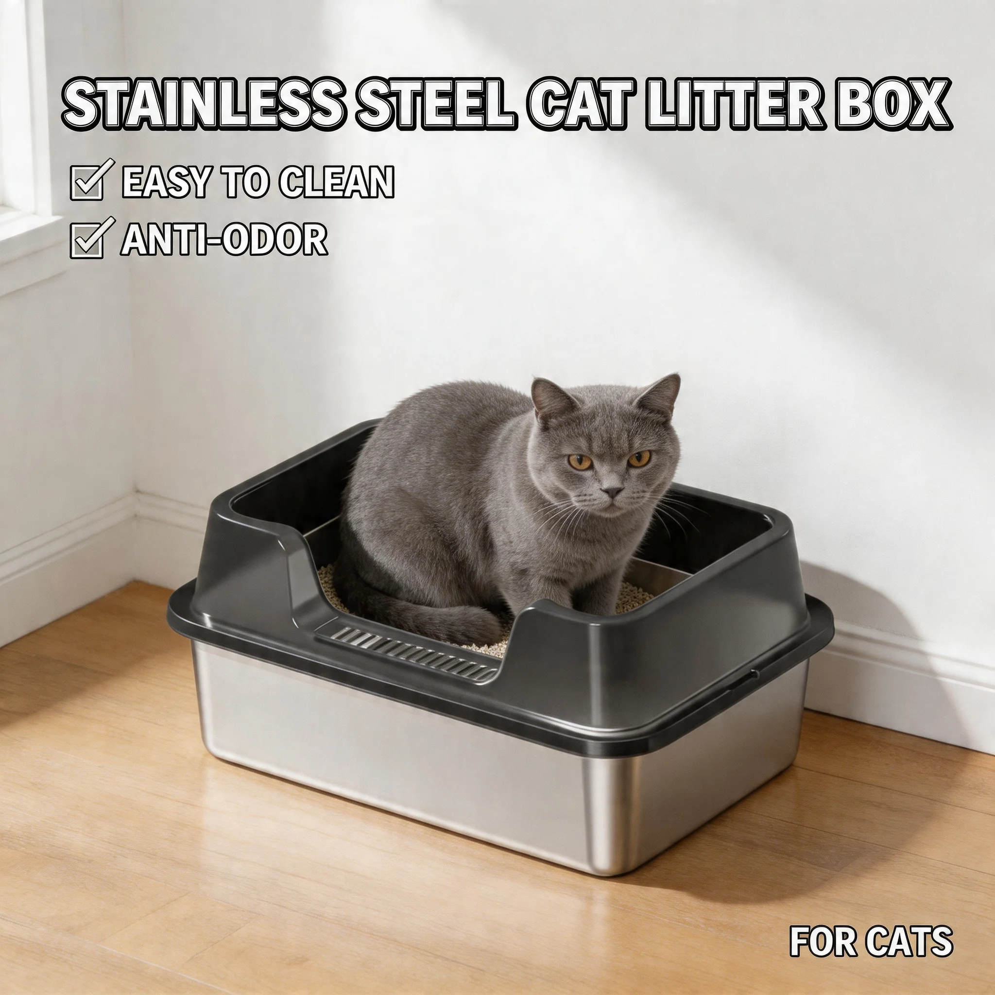 Easy Clean Stainless Steel Cat Litter Box with Lid & Scoop for Big Cat XL Metal Litter Pan High Wall Sides Non-Sticky Enclosed