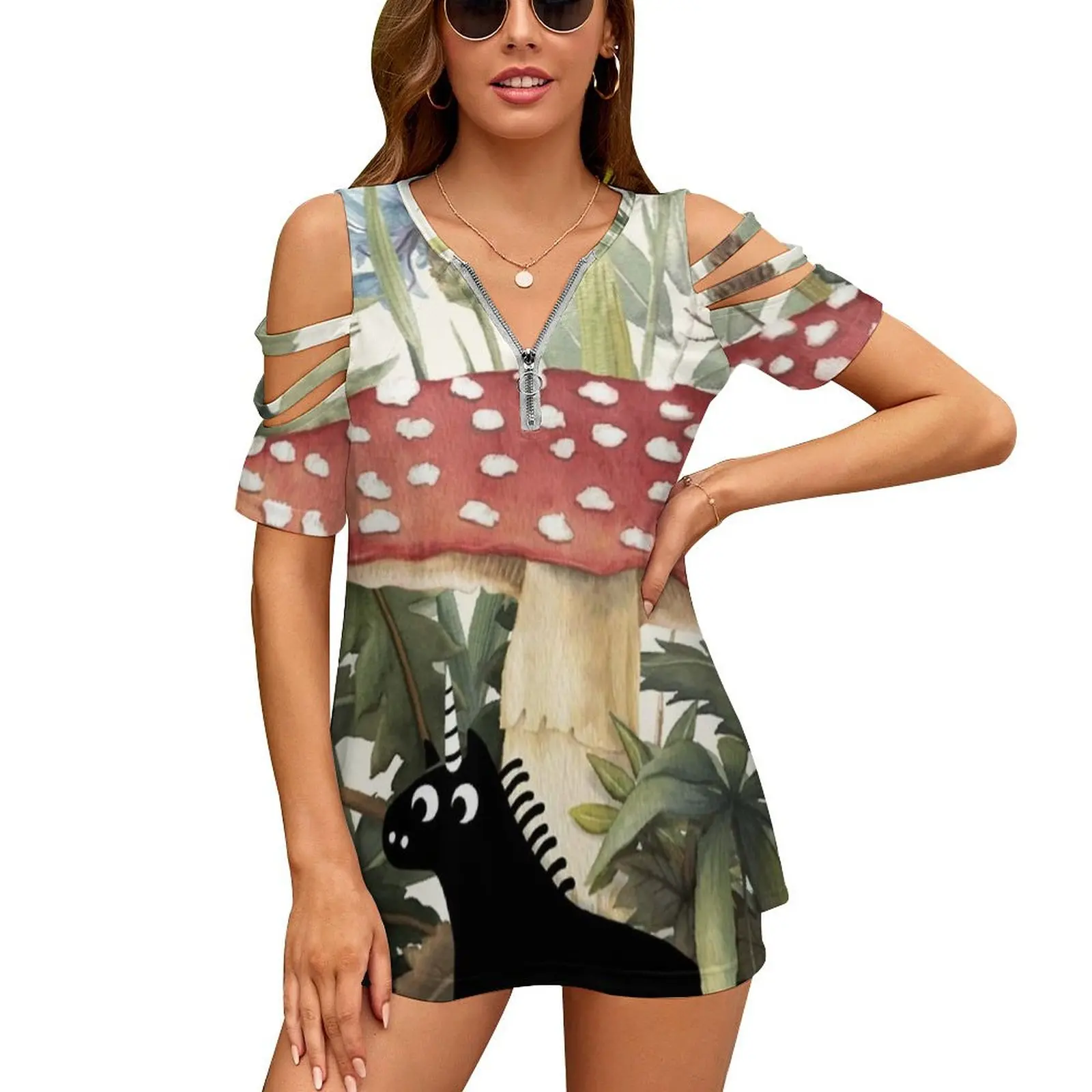Tiny Unicorn New Fashion Zip Off Shoulder Top Short-Sleeve Women Shirt Unicorn Mushroom Botanical Floral Dandelion Clover Fern