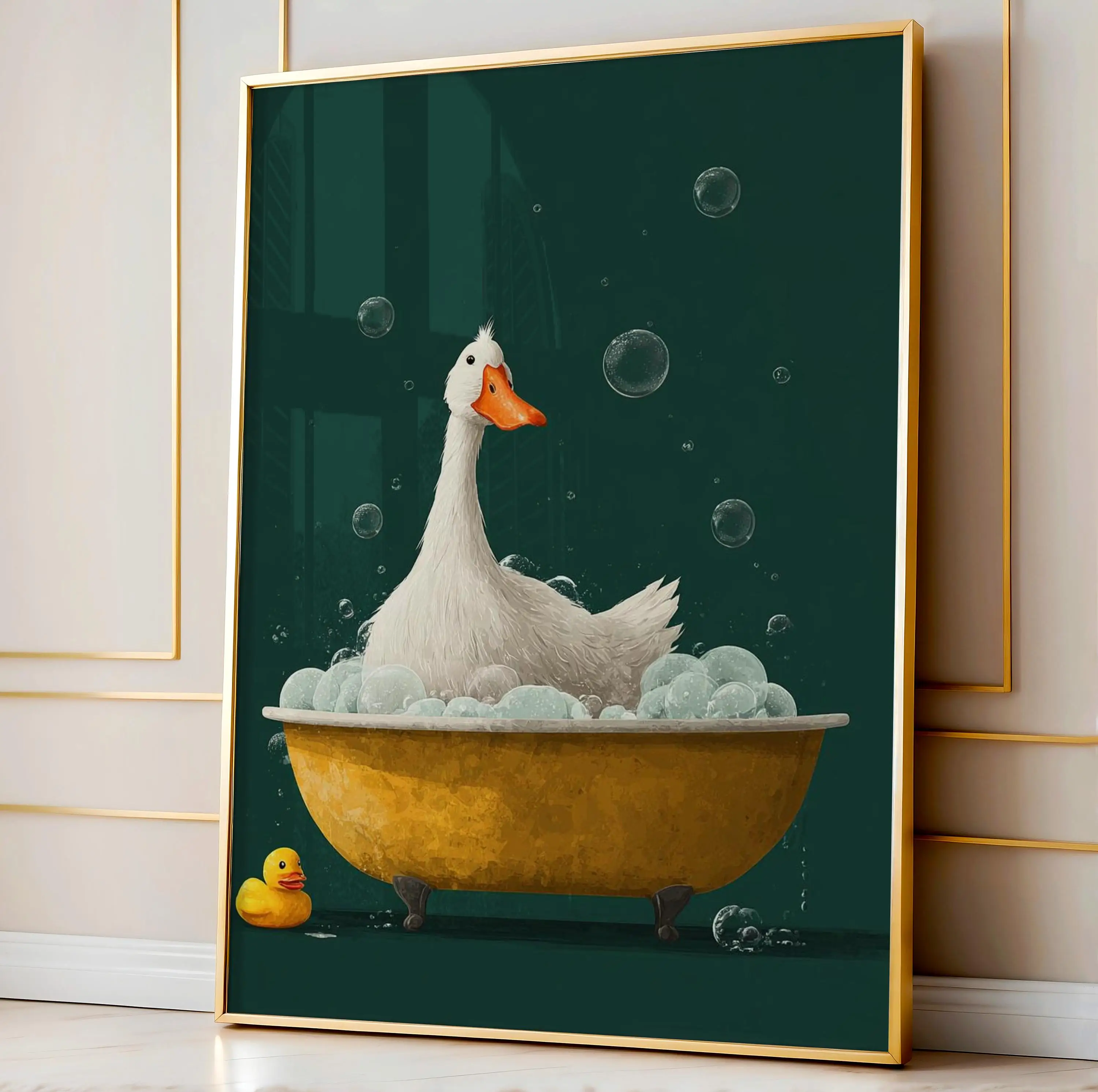 (Pintura en lienzo 2D) Lindo Ganso de Dibujos Animados Tomando un Baño y Cepillándose los Dientes, Pósteres Artísticos, Pintura en Lienzo de Animales Adorables en Verde Fresco
