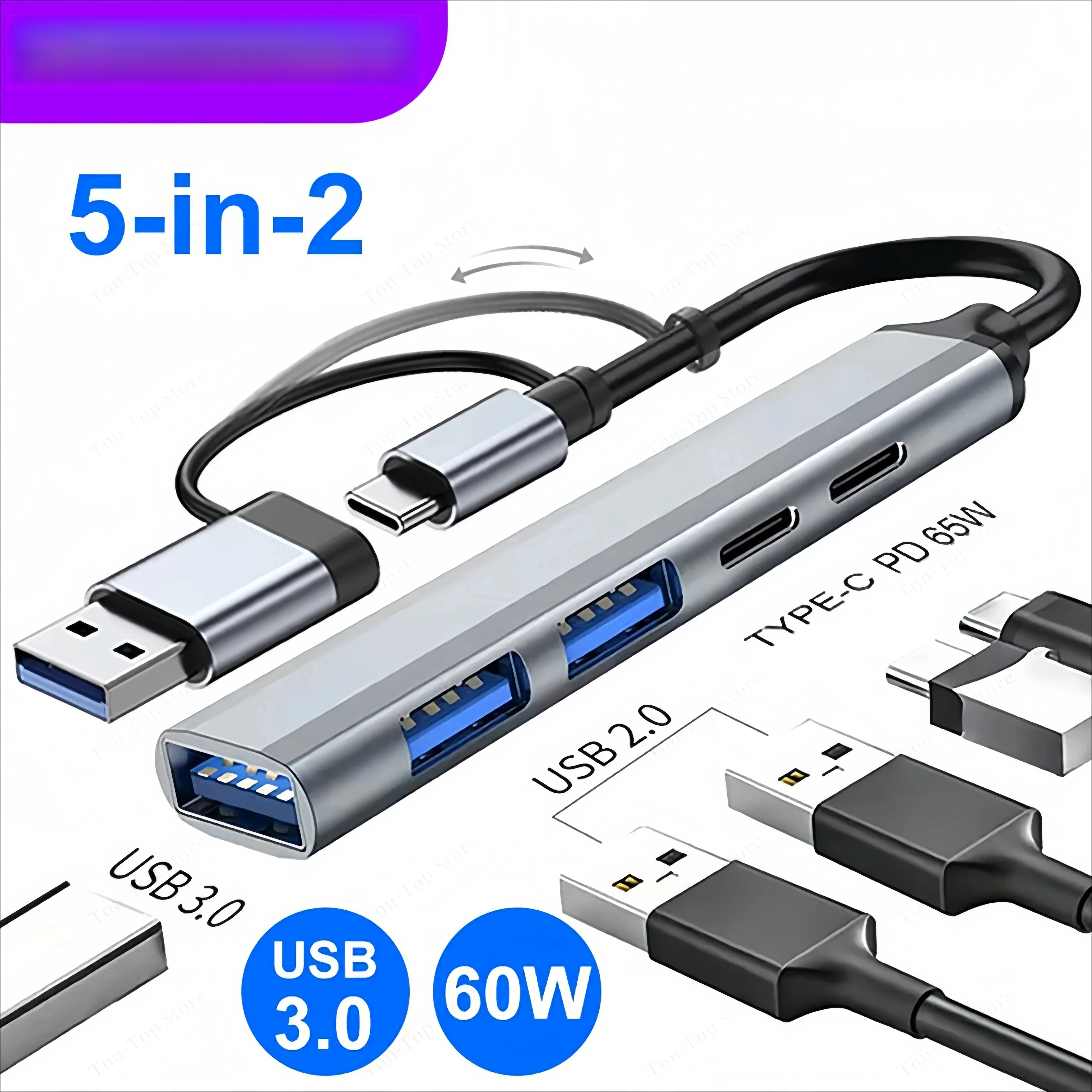 5-IN-2 USB C HUB Typ C zu USB 3.0 HUB PD 65W Multi USB Splitter Adapter OTG für Lenovo MacBook Pro Computer Zubehör