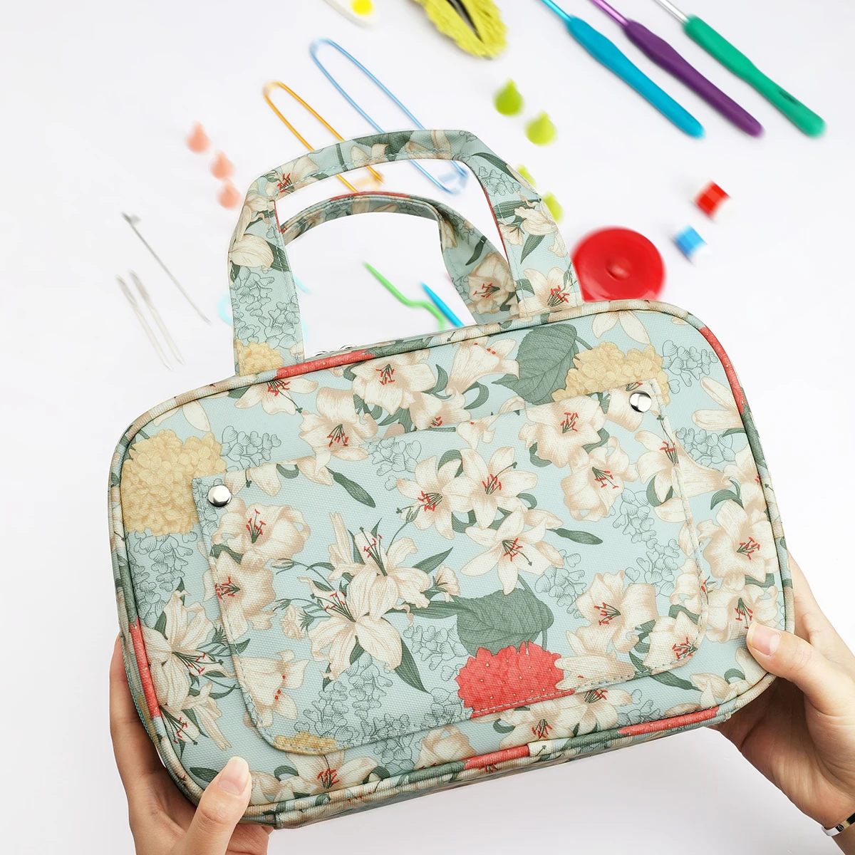 Nowy pusty zestaw do robienia na drutach Case Organizer Bag Przenośna zielona torba z kwiatowymi igłami do robienia na drutach Torba do przechowywania akcesoriów do szycia