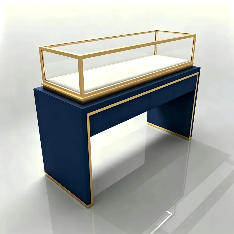 custom.Custom Luxury Navy Blue Glass Jewelry Display Cabinet LED Light Eco-Friendly Recyclable Jewelry Stores Retail/Shoppin