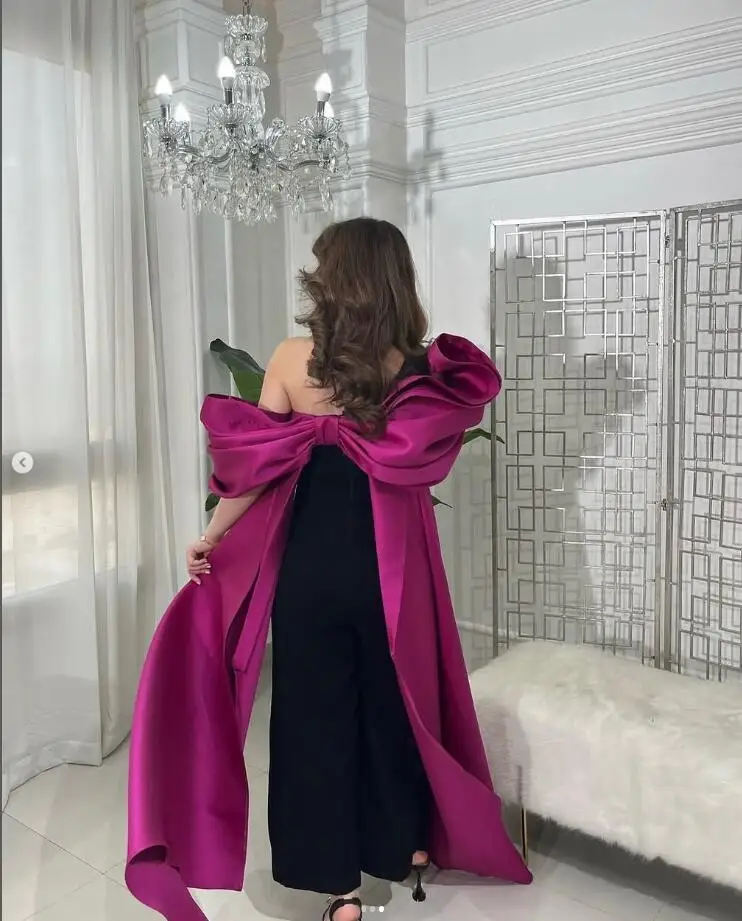 بذلة فوشيا سوداء فساتين سهرة رسمية مع فيونكة كبيرة ملفوفة بكتف واحد مخصصة للنساء العربيات فستان حفلات