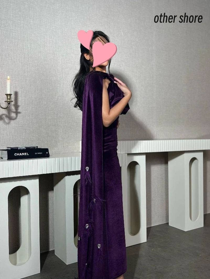 Other Shore Elegant Vintage Sweet Purple Velvet Feathers Beading Customize Formal Occasion Prom Dress Evening Party Gowns