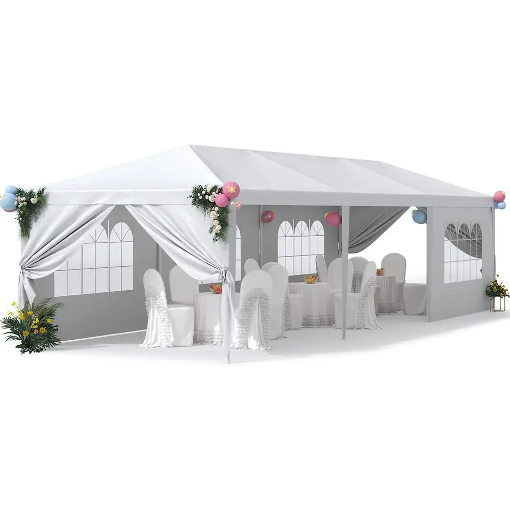 

10x30 Outdoor Heavy-Duty Gazebo with 6 Removable Side Walls, Ideal for Camping, Parties, Weddings, and BBQs, Waterproof Shelter,