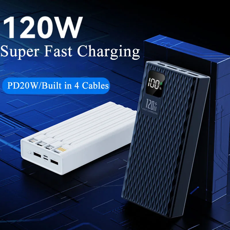 20000mAh Power Bank 120W Fast Charging Built in Cable LED Display Diamond Pattern High Capacity Portable for iPhone Samsung