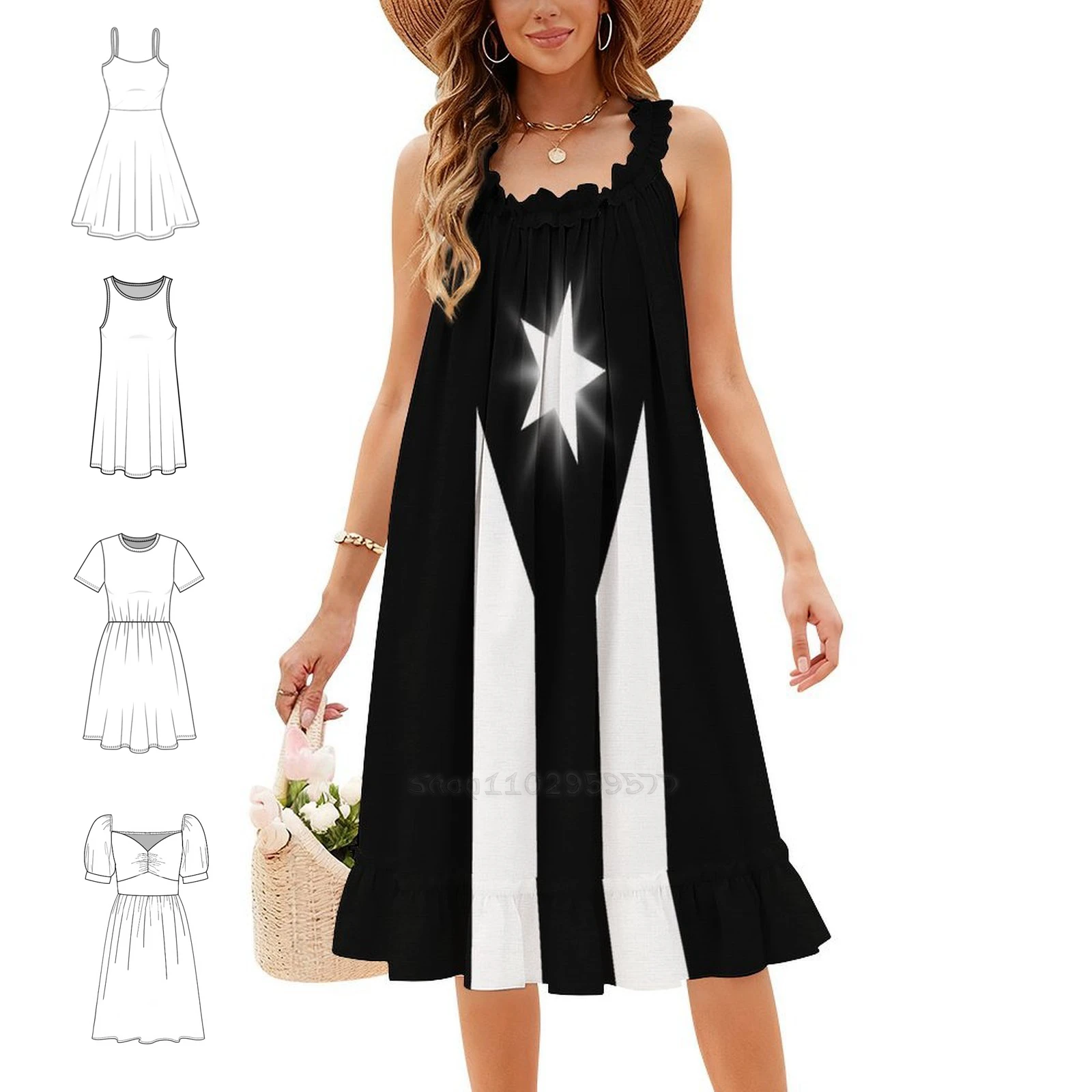 Puerto Rican Flag Black And White Bright Star Korean Style Casual Dress For Women Simple Daily Office Lady Dresses Puerto Rico