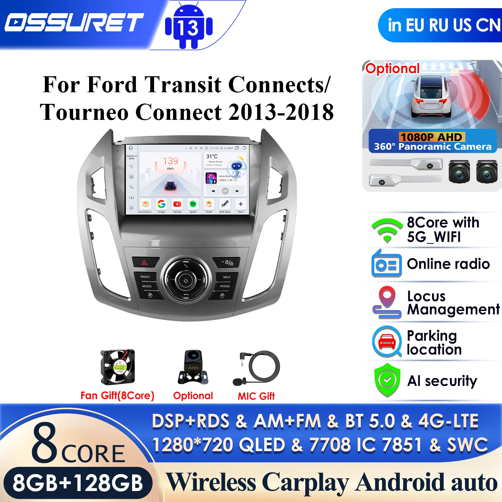 Carplay 4G-LTE 8581 DSP 2 Din Android Car Radio GPS for Ford Transit Connect 2013-2018 Ford Tourneo Connect Multimedia Video RDS