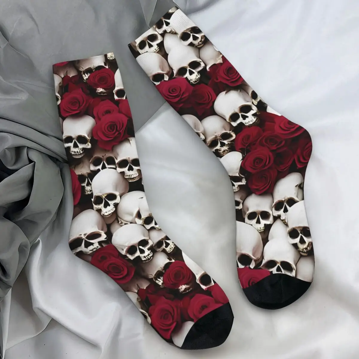 Skulls And Red Roses Socks Gothic Skull Elegant Stockings Autumn Anti Skid Couple Socks High Quality Design Outdoor Socks