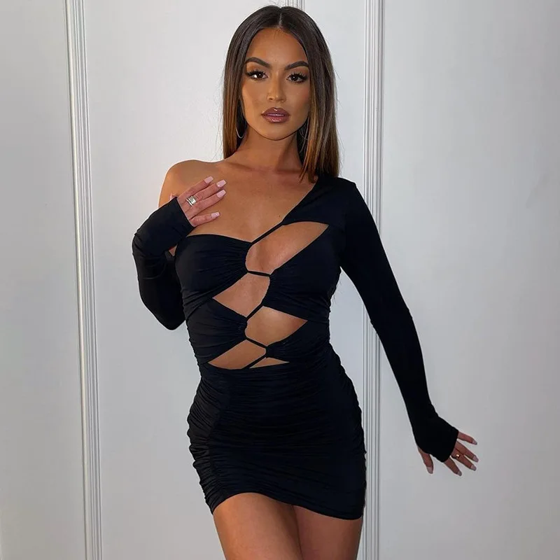 Chique Mode Lange Mouw Uitgesneden Bandage Mini Jurk Outfits Voor Vrouwen Hot Sexy Club Feestjurken Bodycon Kleding