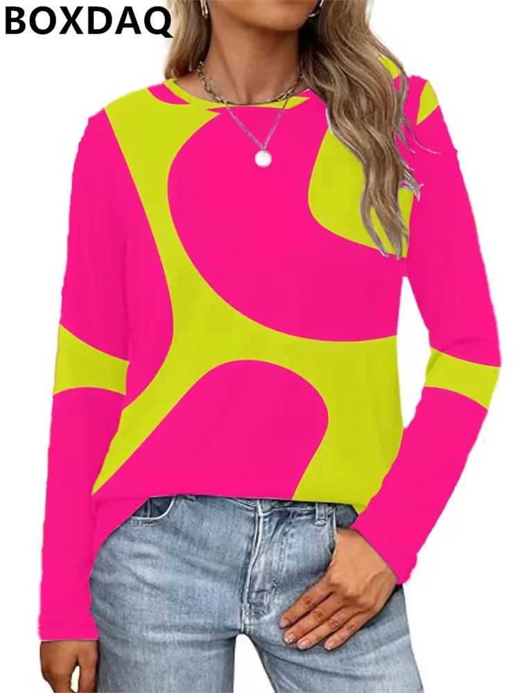 2026 New Women's Autumn T-shirt Fashion Long Sleeve Round Neck Loose Gradient Abstract Women's T-shirts
