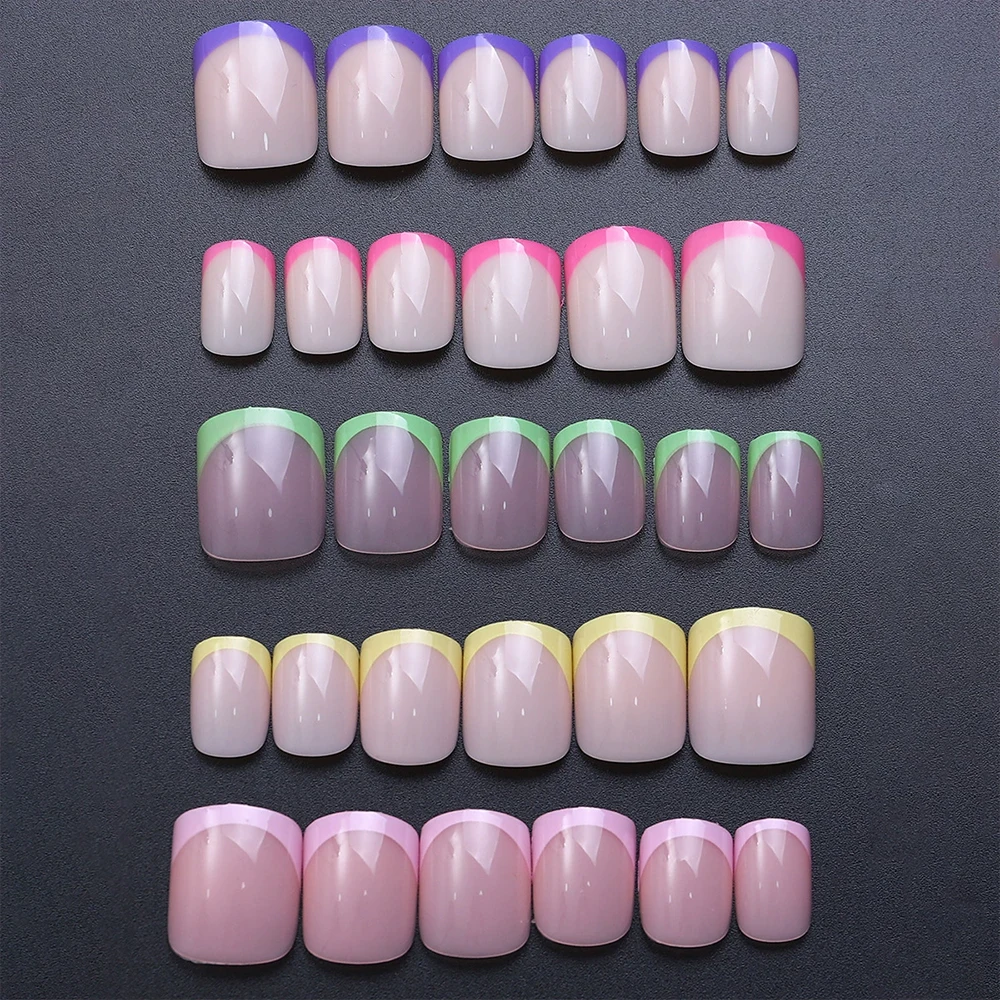 240/120/96pcs Candy French Press On Nails Tips Short Square Shaped Glossy Rainbow Lines Design Fake Nail For Fashion Party Woman_voghion.com