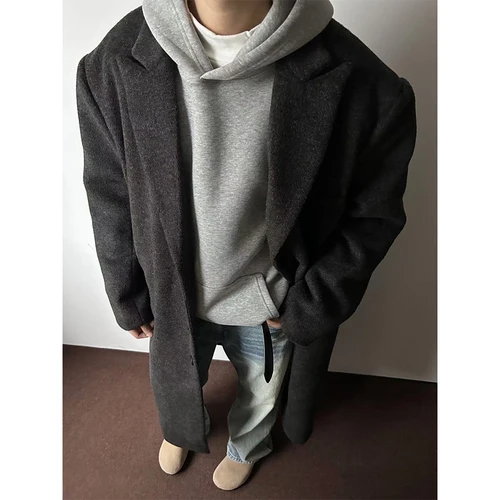 고급 코트 청소년 겨울 미국 스타일 보온 방한 긴 소매 정장 브리프 넓은형 고급 회색 캐시미어 남성 겨울 긴 키 울 코트 외투 코트 