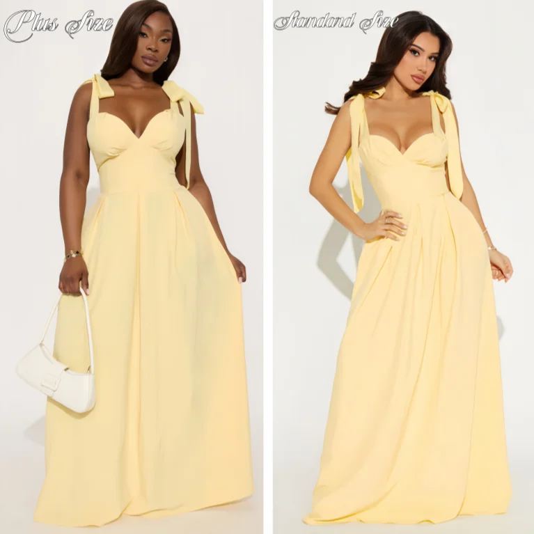 

Plus-Size Women Yellow Low Cut Backless Lace Up High Waisted Maxi Dress Sleeveless Waist Cincher Spaghetti Strap Vestidos