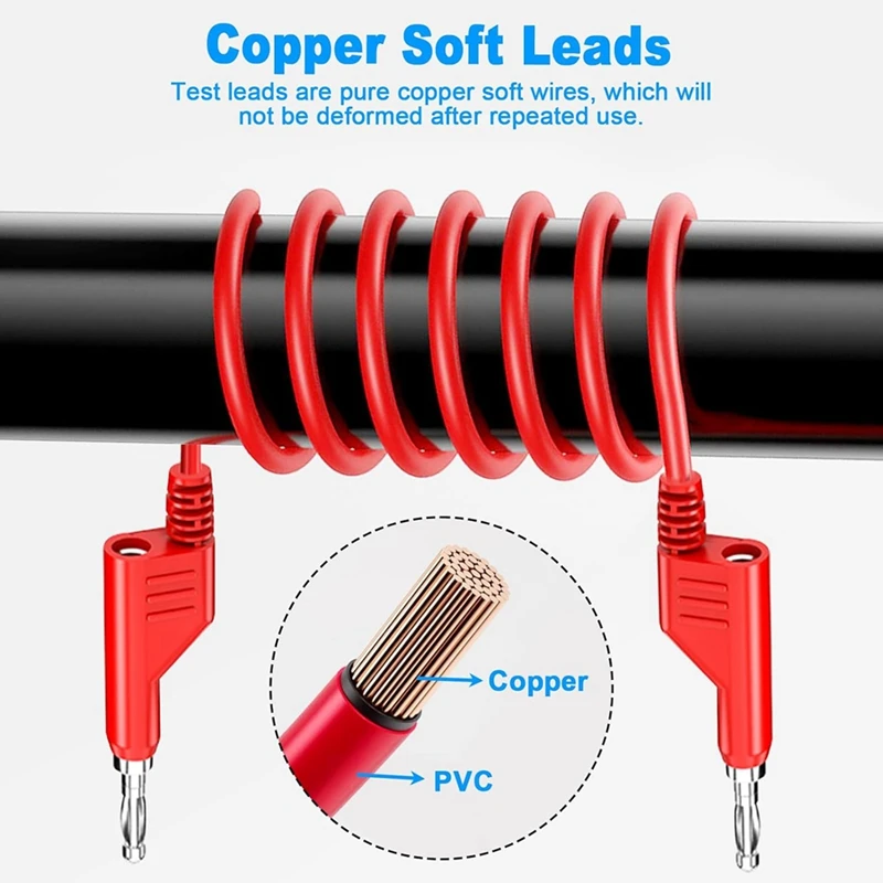 ABPP-4Mm كابل مرن قابل للتكديس من الموز إلى الموز، موصلات اختبار كهربائية مع 10 قطع من مشابك التمساح النحاسية الواقية