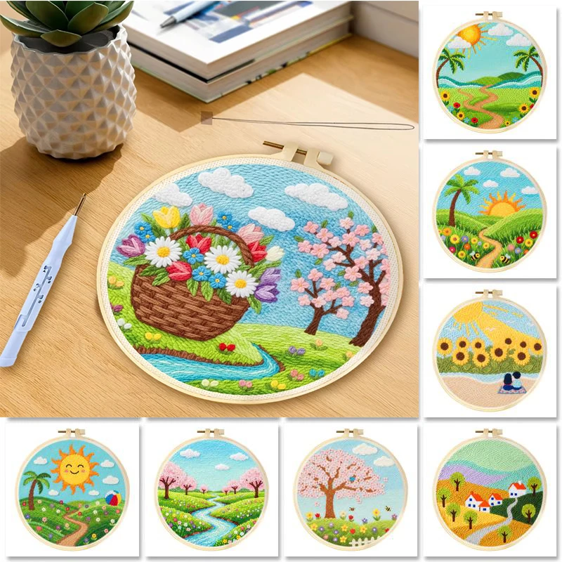 GATYZTORY Punch Needle Embroidery Starter Kit For Adults Beginner Magic Tufting Set Landscape Pattern Embroidery Art craft