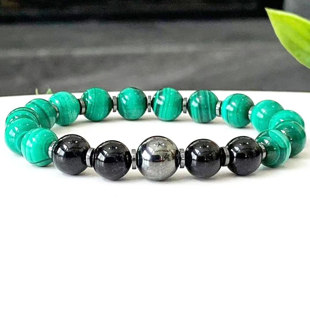 

MG2294 8 MM Malachite AAA Grade Black Tourmaline Hematite Gemstone Bracelet Mens Energy Gift