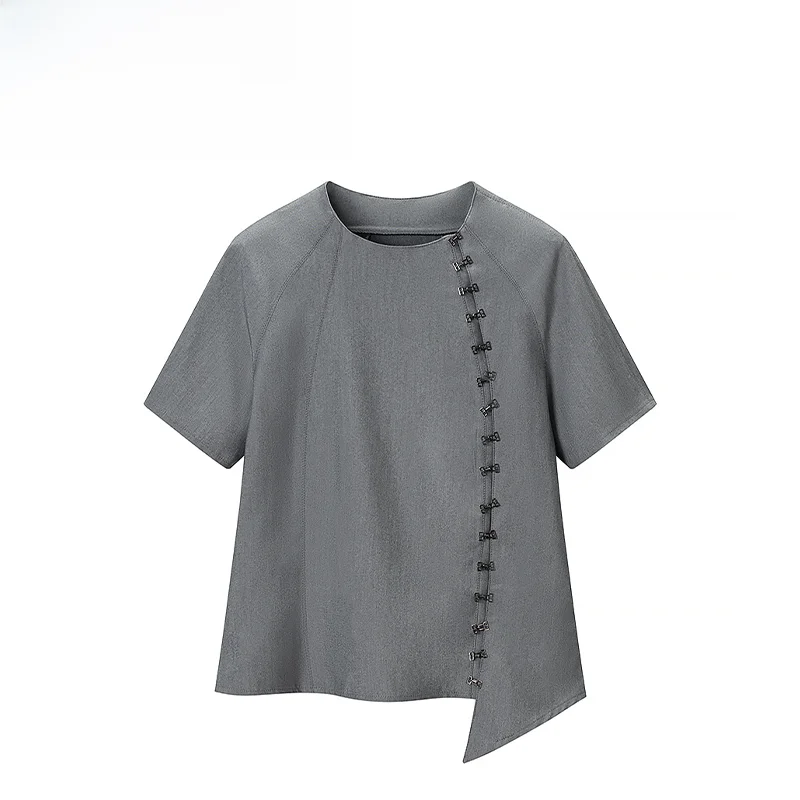 

Spring New Fashion ZR Women's Slim Fit Top Asymmetrical Design Versatile Stylish Polyester Short Sleeve round Neck Shirt
