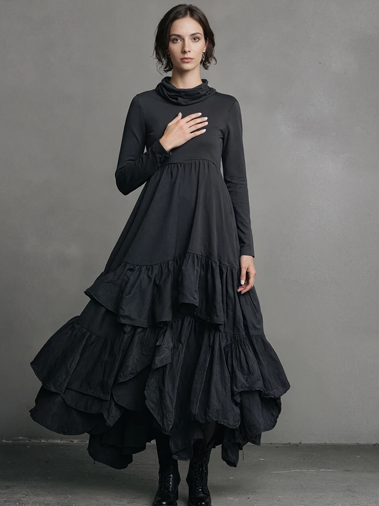 Vestido feminino com gola alta, manga comprida, preto, minimalista, plissado, em camadas, gótico, casual, retrô, bolsos, linha a, vestidos chiques