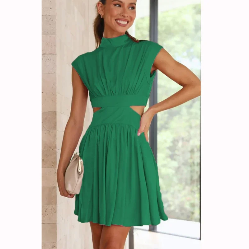 A-line Sexy Dresses Summer Fashion Y2k Party Sleeveless Pleated Short Dress Women Stand Collar Slim Waist Elegant Vestido 25545