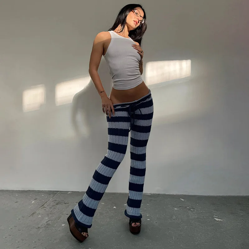 Mulher outono tendência listra retalhos calças compridas crochê shirring elástico de cintura alta magro pêssego hip estilo rua bottoms