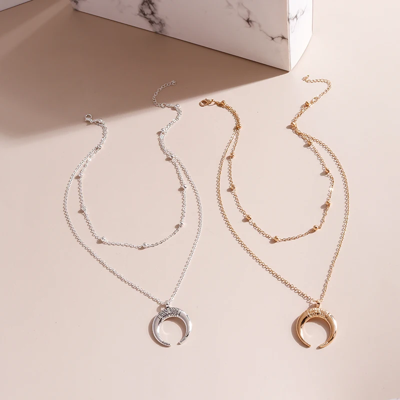Aihua Mode Gold Farbe Doppel Schicht Mond Anhänger Halsketten für Frauen Luxus Design Glänzende Choker Halskette Schmuck Geschenke – Detail 4