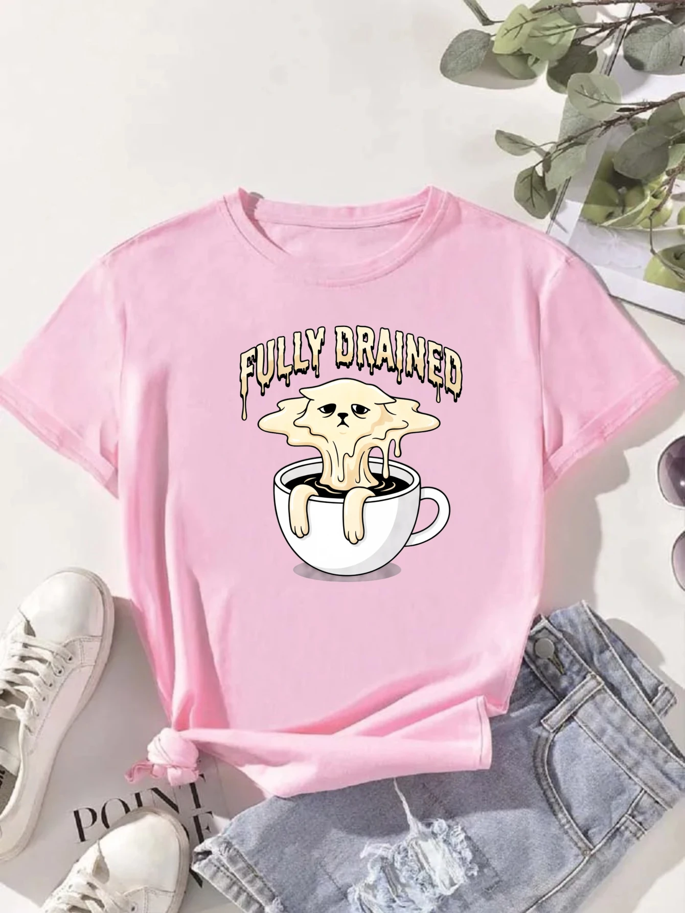 Funny Fully Drained Cat T-shirt Melting Cat In Coffee Cup Graphic Print Short Sleeve Tee Men Women Coffee Lover Casual Streetwea