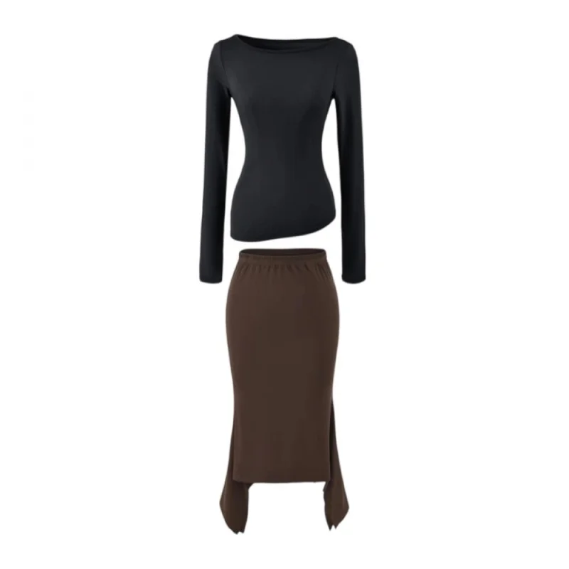 QICHE Women 2026 Solid Simple Boat Neck Irregular Diagonal Hem Long Sleeve T-shirt & Bodycon Midi Skirt 2 Piece Set