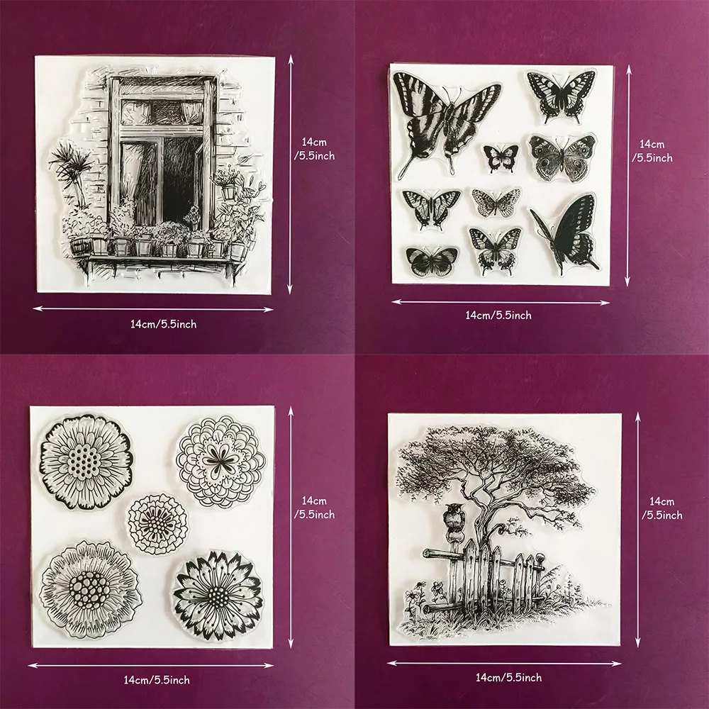 Tampons en silicone transparents (fenêtre, papillon, fleur, arbre) – Idéaux pour le scrapbooking, le journaling, les loisirs créatifs et la décoration de cartes de vœux