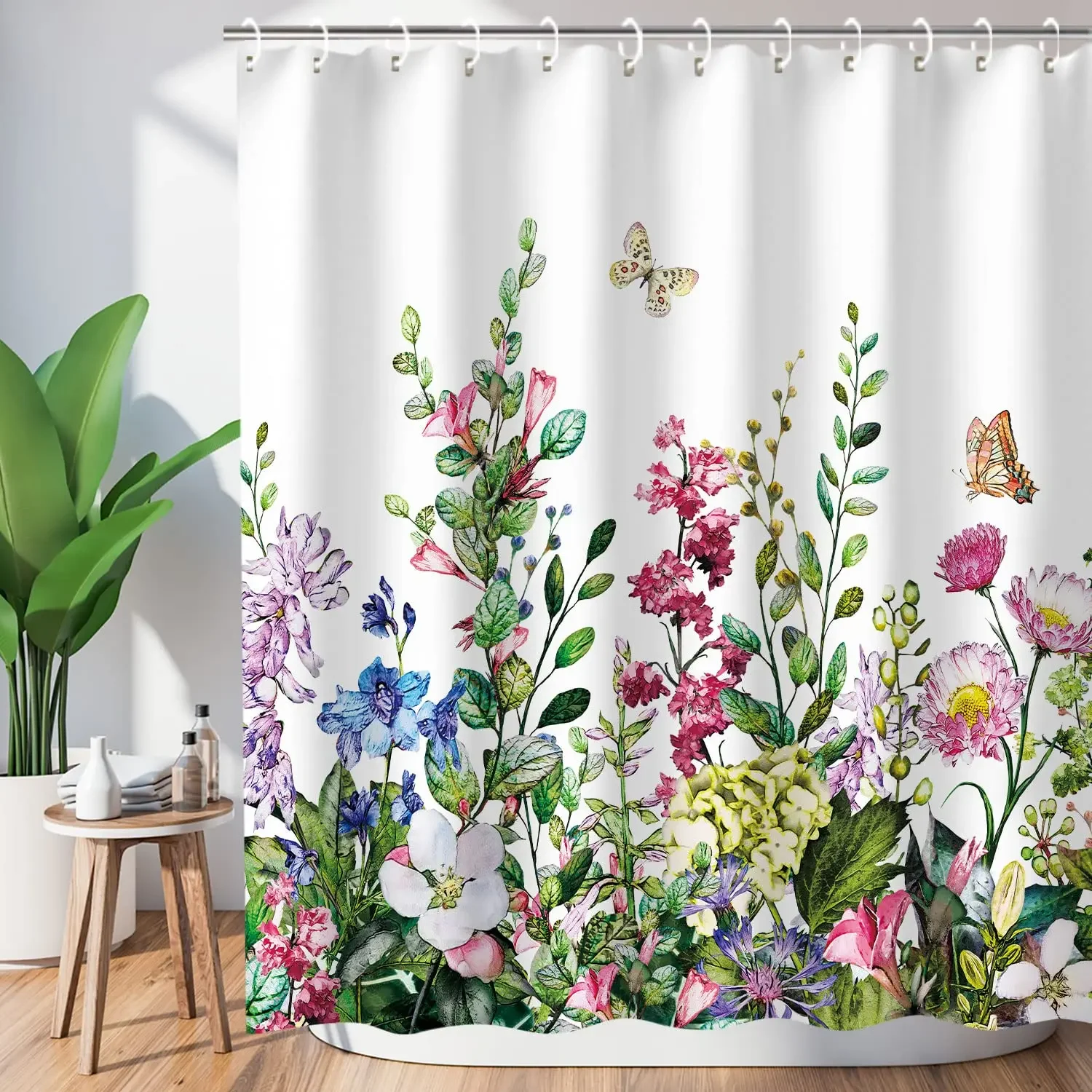 Waterproof Shower Curtain Stained Glass Meadow Flower Dragonfly Polyester Fabric Bath Curtain Home Hotel Bathroom Shower Curtain