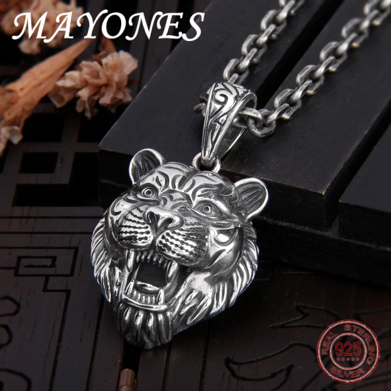 

Real 925 Sterling Silver Three-dimensional Relief Tiger Head Pendant For Men And Women Vintage And Domineering Punk Jewelry Gift