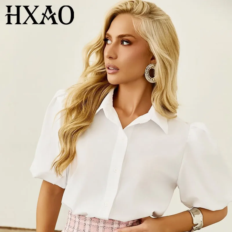 

HXAO Summer Women's Shirt White Short -Sleeved Pleats Women's Buttoned Shirts Elegant Cute Street Style Office Casual Top Female