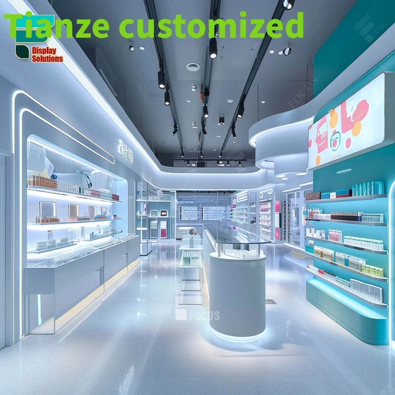 Customized-led cosmetic retail display perfume glass shelves pink wig display furniture beauty display