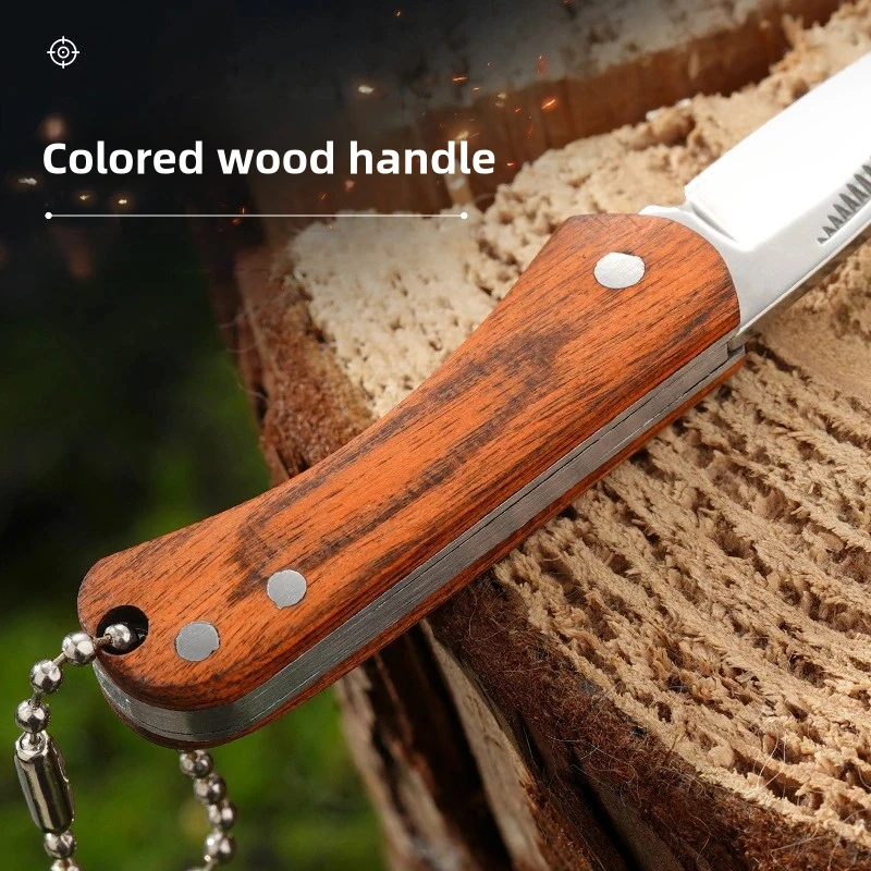 Stainless Steel Folding Knife Lockless Pocket Knife Colorful Wood Portable Mini Portable Knife Keychain Fruit Knife