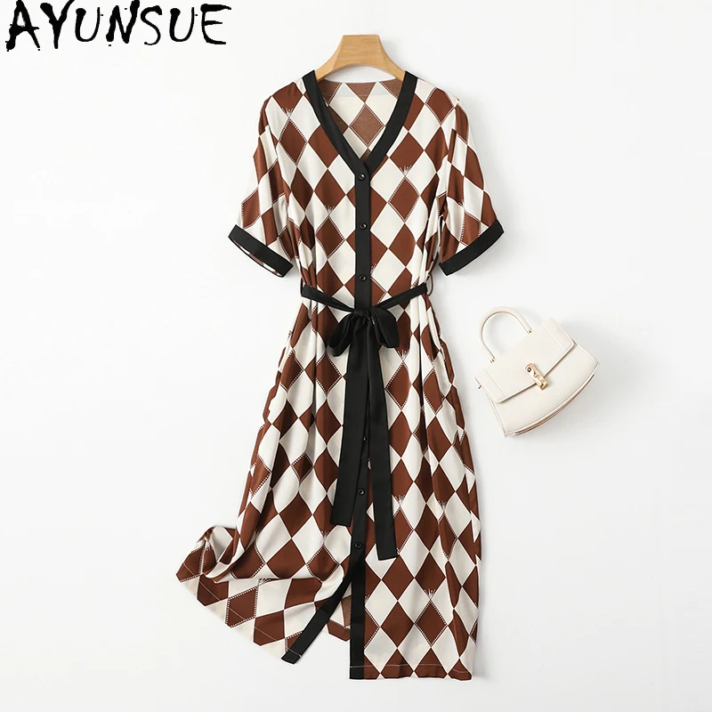 AYUNSUE 92% Real Mulberry Silk Dresses 2024 Women Plaid Summer Dress Superior Women Clothes Mid Long Dresses Robe Eté 2024 Femme