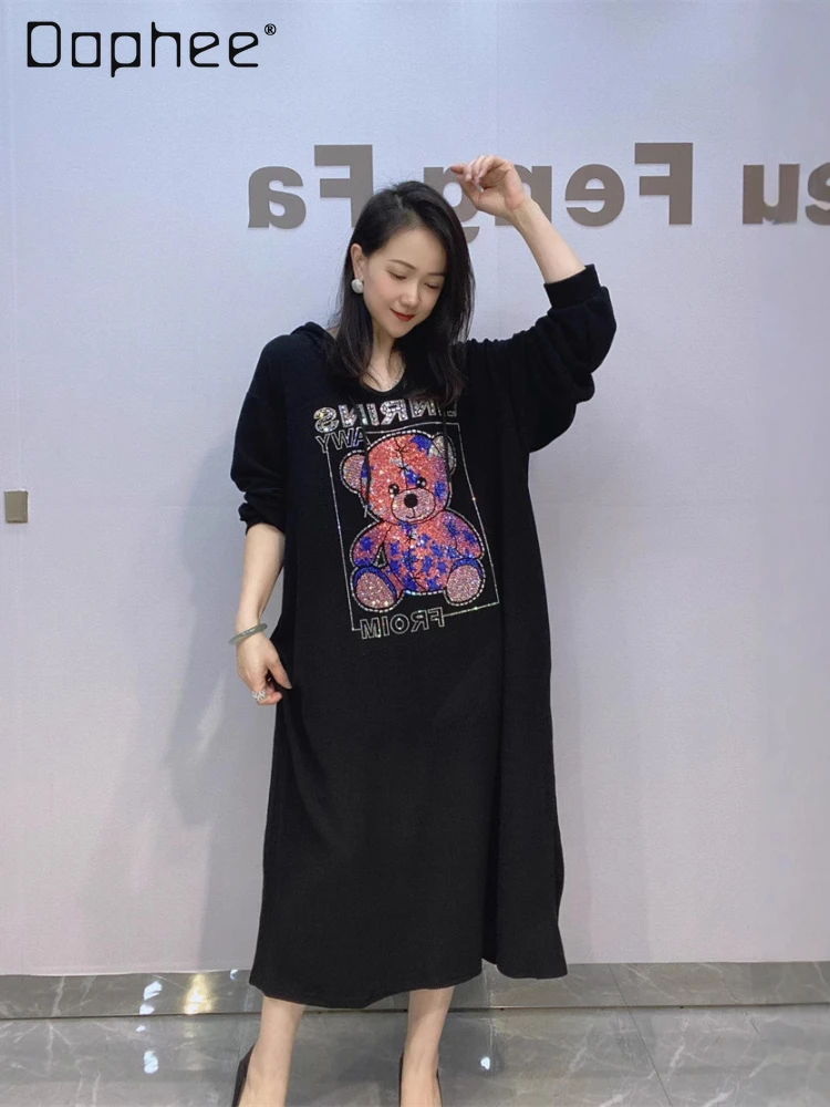 European Goods Hooded Dress for Women Autumn and Winter Black Dress Long Loose Casual Hot Diamond Cartoon Bear Dresses