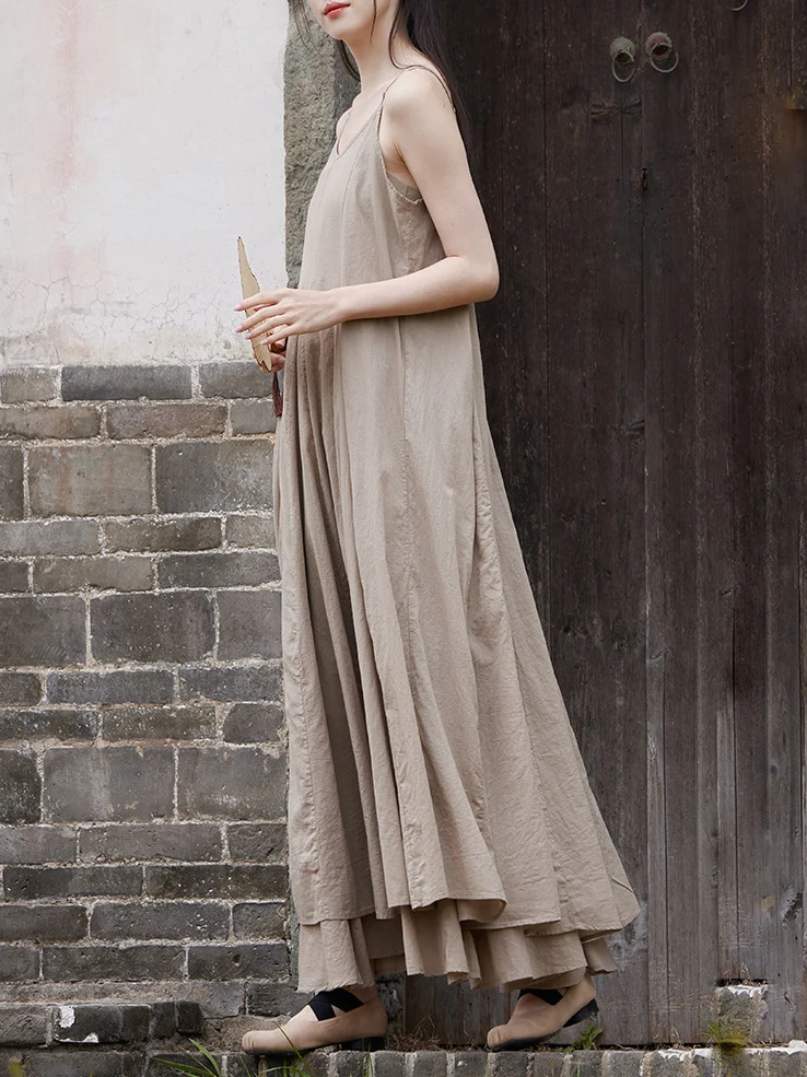 Long Cami Dress Women Flowing Full Length Spray Dyeing Cotton Strap Layered Dresses