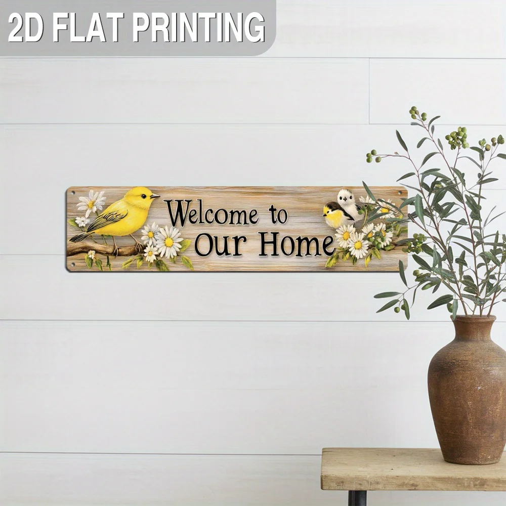 2D Flat, 1pc Rustic Welcome to Our Home Metal Sign - Farmhouse Wall Decor with Bird & Daisy Design, 9.91x39.88 cm Vintage Metal