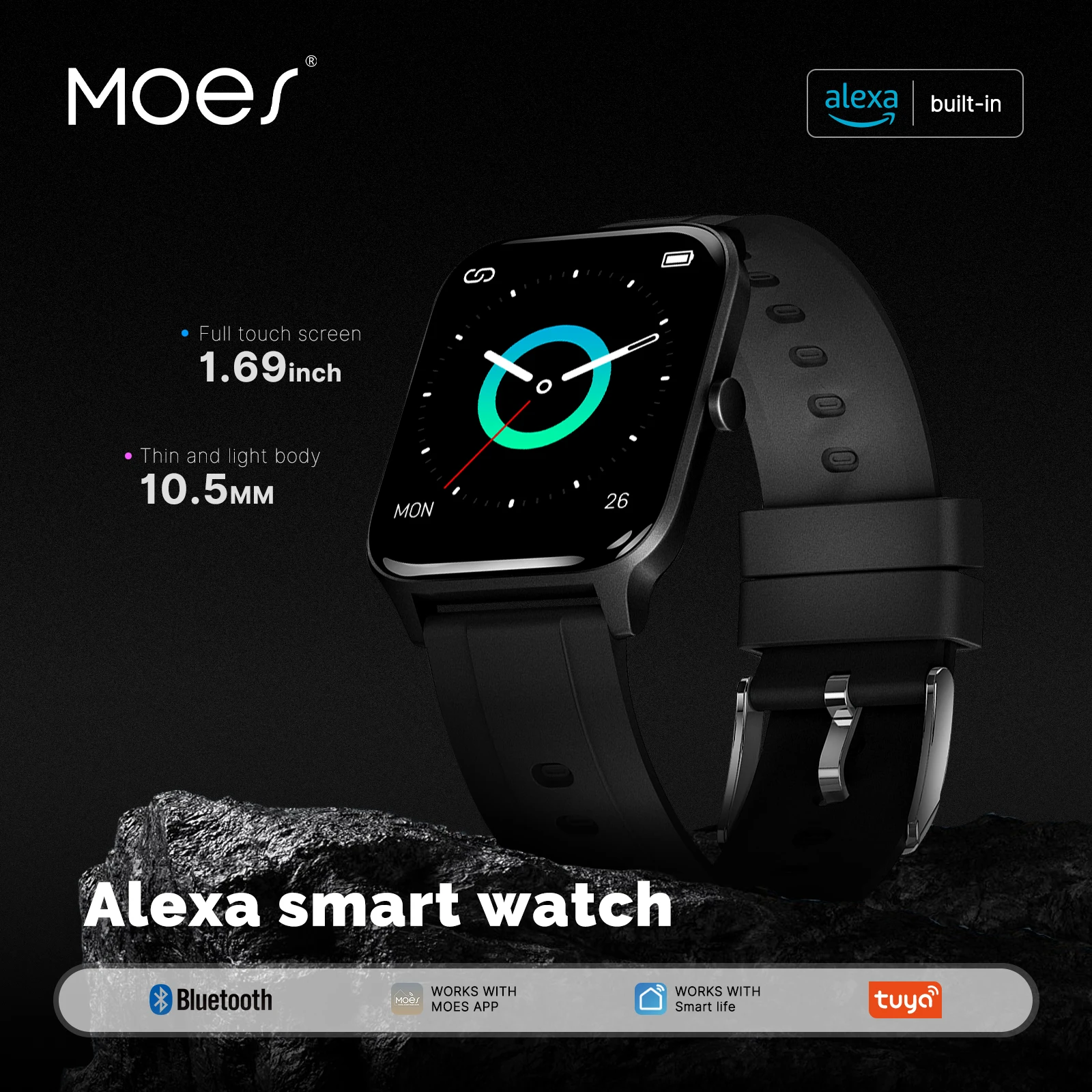 MOES Smartwatch Alexa, integrierter Fitness-Tracker, Herzfrequenz- und Blutsauerstoffmonitor, IP68 wasserdicht, 1,69-Zoll-Farb-Touchscreen