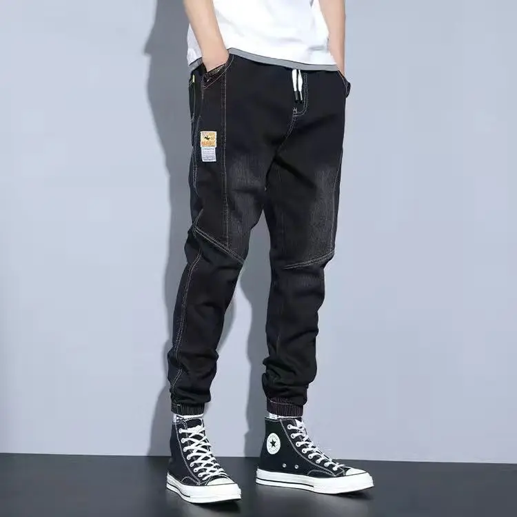 

Youth Casual Loose Fit Denim Jeans Men's Cargo Trousers mid Waist Dstring Closure Spring Autumn Wear Nine Points Cuffed